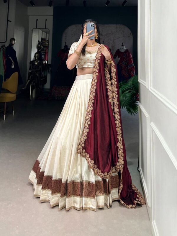 Women's Dot & Ikkat Print With foil work Tussar Silk Lehenga Choli Set - Image 3