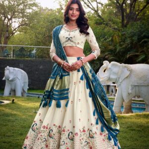 Women's Dot & Ikkat Print With foil work Tussar Silk Lehenga Choli Set
