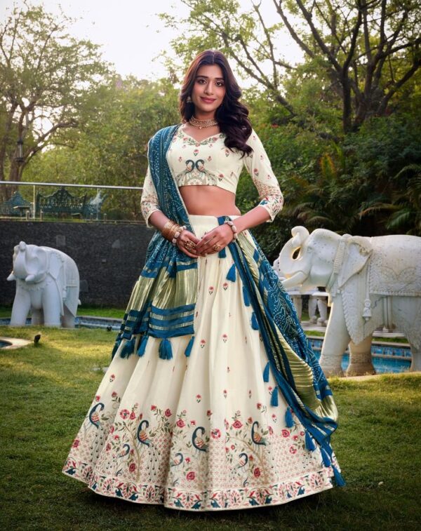 Women's Dot & Ikkat Print With foil work Tussar Silk Lehenga Choli Set